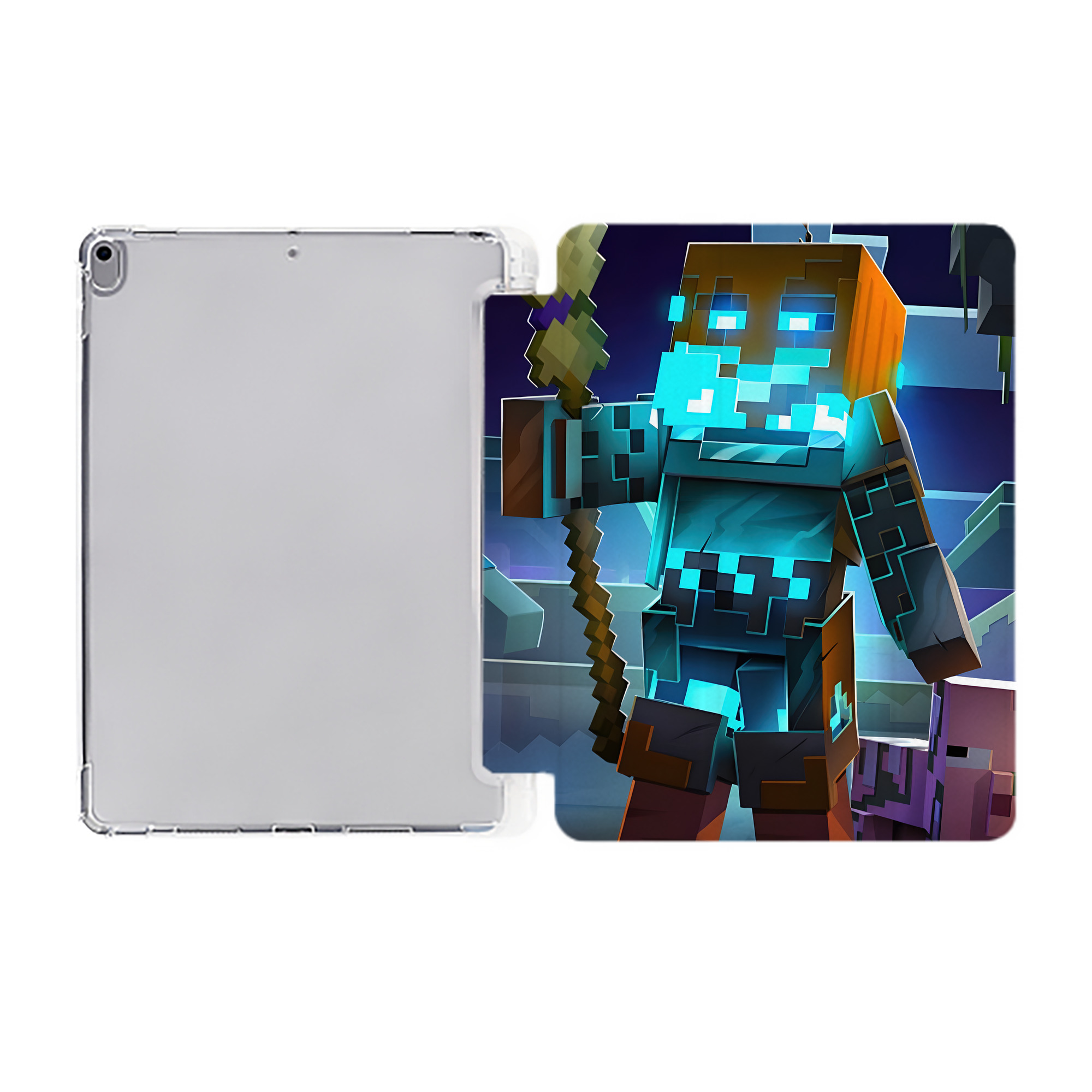 （画像用） マインクラフト ブロックの世界 Minecraft MC Block world IPad ケース ペン収納付き 三つ折りスタンド PUレザー×シリコン 対応機種9.5/10.5/10.9インチ